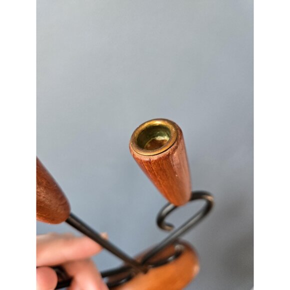 Danish Teak Three Arm Candleholder Luthje Denmark Modernist Brass Metal and Wood - Picture 9 of 10